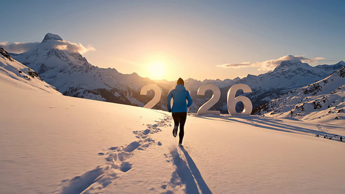 在雪山上向着2026奔跑人物背影 在雪山上向着2026奔跑人物背影