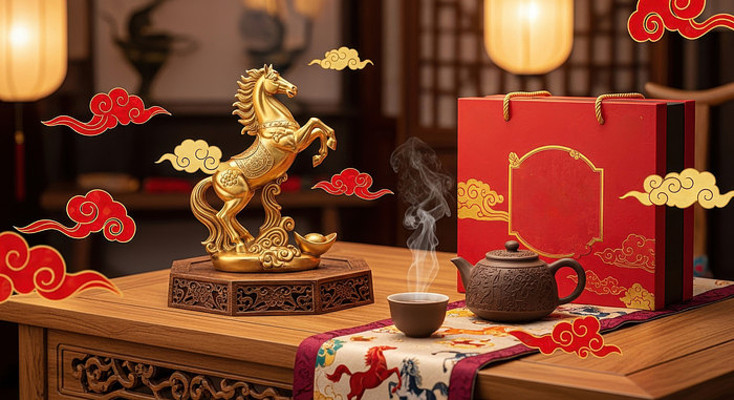 中式祥瑞金马摆件喜庆礼盒与茶具陈设 中式祥瑞金马摆件喜庆礼盒与茶具陈设