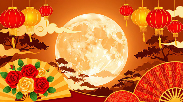 中式中秋月夜灯笼花卉画面 中式中秋月夜灯笼花卉画面