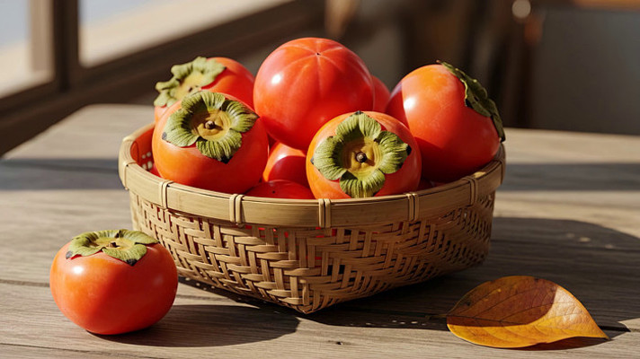 竹篮中摆放的新鲜柿子 竹篮中摆放的新鲜柿子