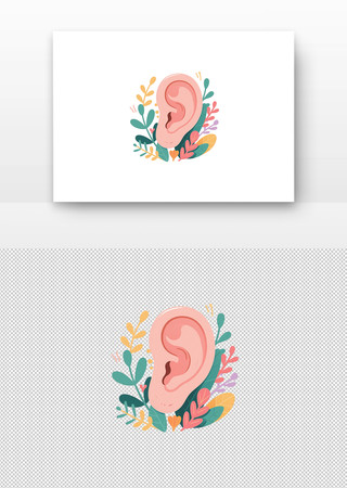 爱耳日卡通风格耳朵与植物元素插画 爱耳日卡通风格耳朵与植物元素插画
