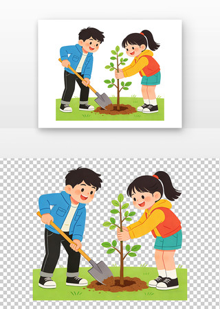 植树节两个孩子正在种树 植树节两个孩子正在种树