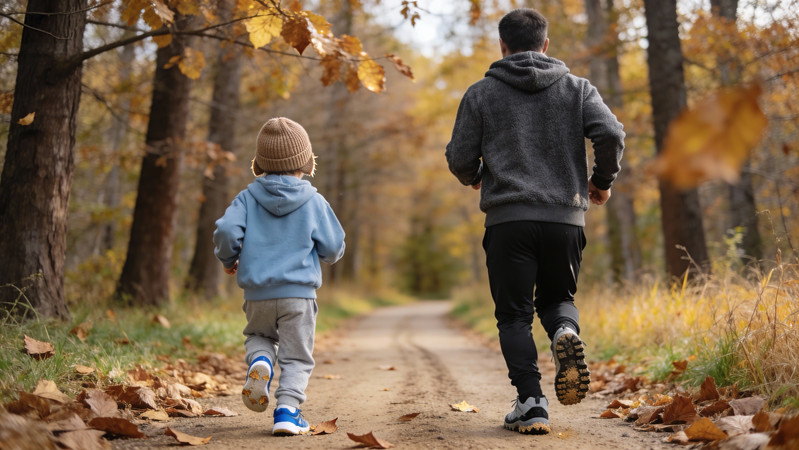 在林间步道上慢跑的父子 在林间步道上慢跑的父子