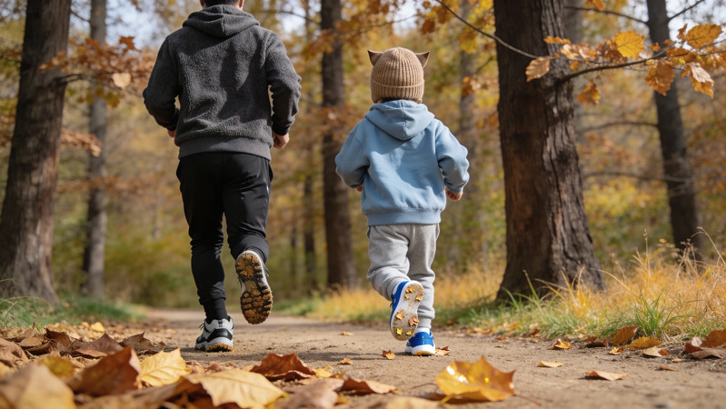 在林间步道上慢跑的父子 在林间步道上慢跑的父子