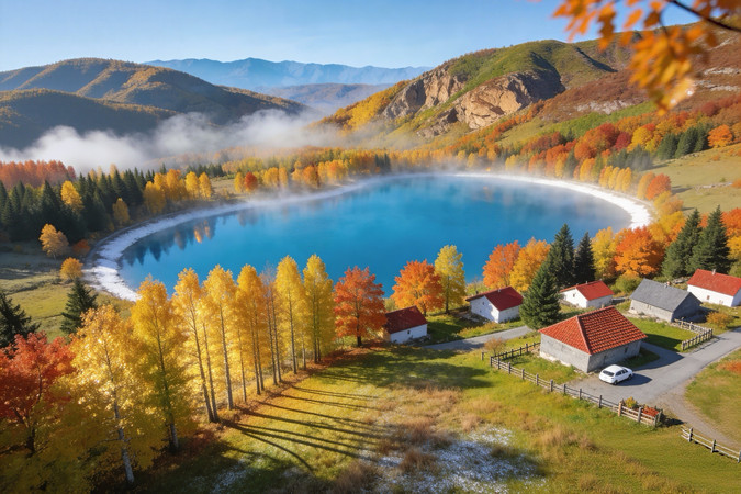 湖畔的秋林与房屋 湖畔的秋林与房屋