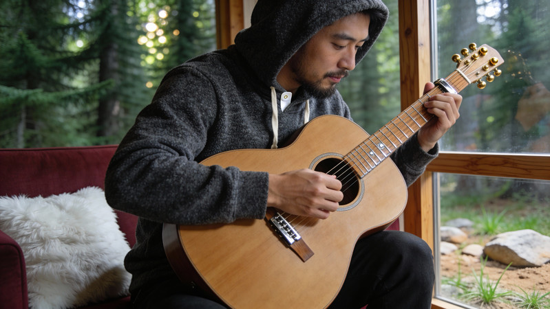 在木屋弹奏吉他的音乐人 在木屋弹奏吉他的音乐人