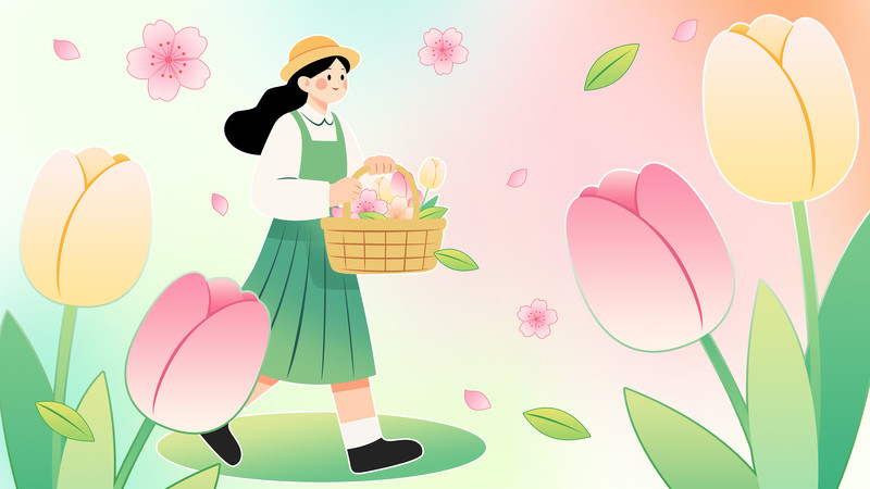清新治愈春天渐变扁平卡通女孩花朵矢量插画 清新治愈春天渐变扁平卡通女孩花朵矢量插画