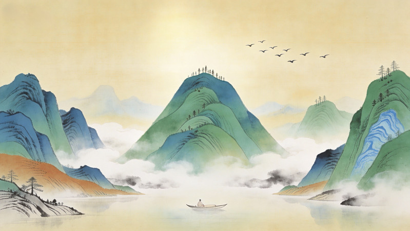 山水与孤舟主题的水墨画 山水与孤舟主题的水墨画