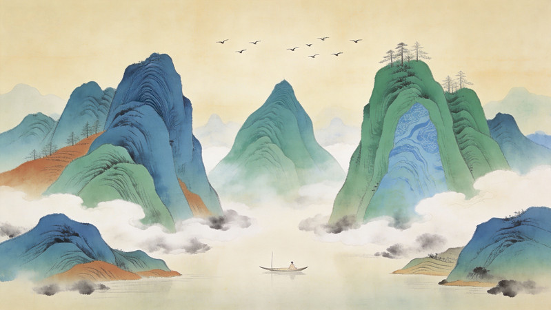 山水与孤舟主题的水墨画 山水与孤舟主题的水墨画