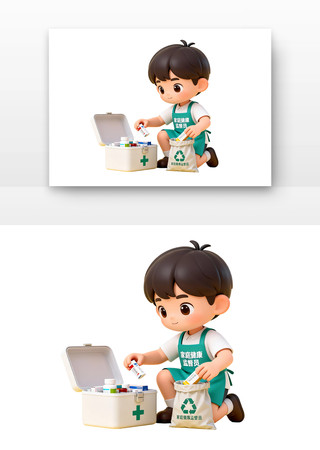 卡通男孩整理过期药品场景 卡通男孩整理过期药品场景