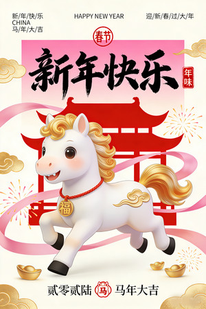 2026马年卡通可爱插画新年春节节日海报 2026马年卡通可爱插画新年春节节日海报