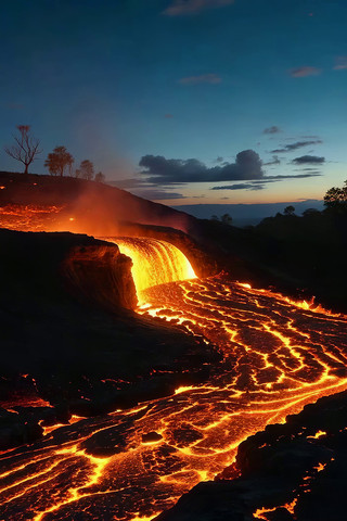 傍晚时分的熔岩流动景象 傍晚时分的熔岩流动景象