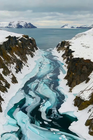 北极冰川河流俯瞰景象 北极冰川河流俯瞰景象