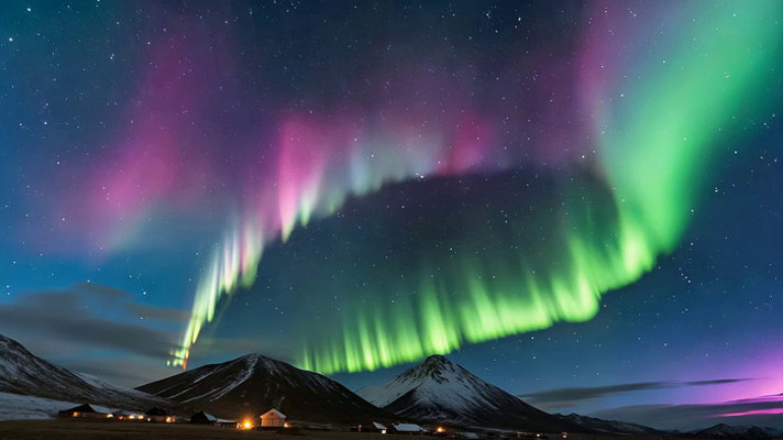 北极夜空极光与雪山景象 北极夜空极光与雪山景象