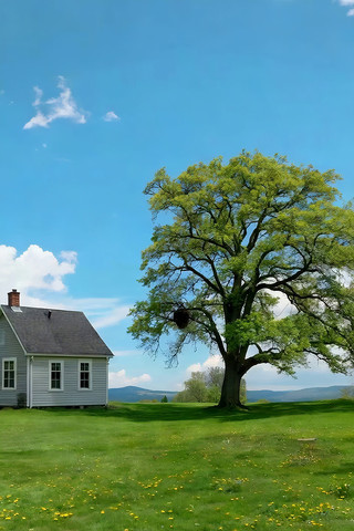 草地房屋旁的大树自然风光 草地房屋旁的大树自然风光