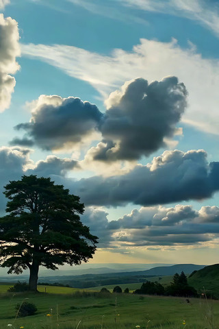 草地孤树与天空风景 草地孤树与天空风景