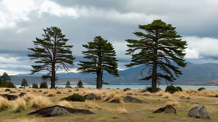 草原上的树木与远山风景 草原上的树木与远山风景