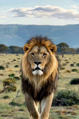 草原雄狮正面行走特写 草原雄狮正面行走特写