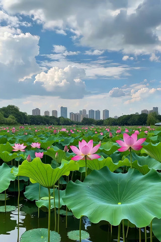 城市边荷塘荷花荷叶景观 城市边荷塘荷花荷叶景观