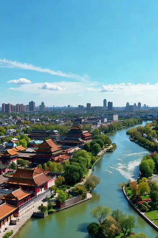 城市古风建筑河流航拍全景 城市古风建筑河流航拍全景