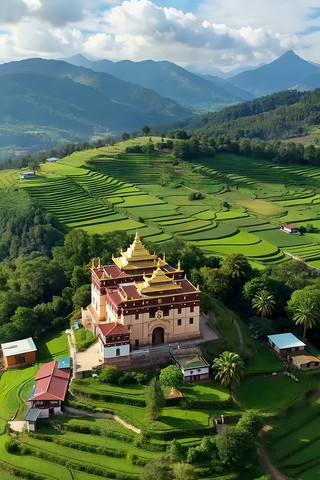 稻田梯田中的寺庙风光俯瞰 稻田梯田中的寺庙风光俯瞰