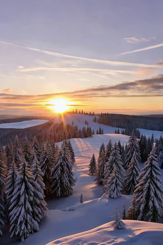 冬季森林雪景日落景观 冬季森林雪景日落景观