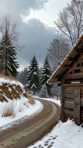 ����ɭ���е�ľ����ѩ·