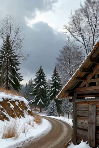 冬季森林中的木屋与雪路 冬季森林中的木屋与雪路