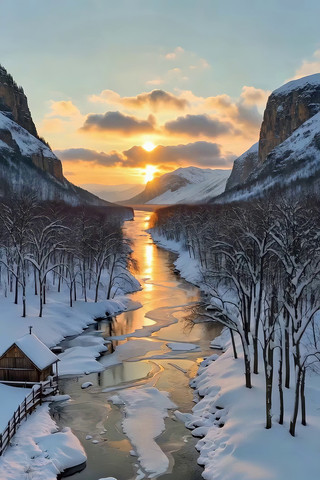 冬日河谷日落雪景 冬日河谷日落雪景