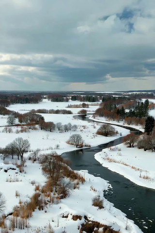 冬日河流雪景航拍全景 冬日河流雪景航拍全景