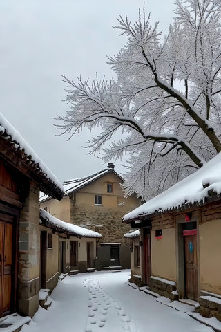 冬日积雪覆盖的古朴小巷 冬日积雪覆盖的古朴小巷