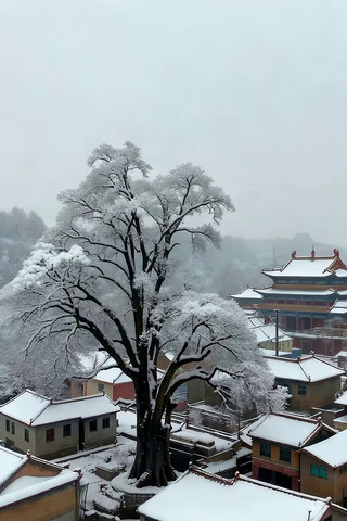 古村落雪景中大树覆盖厚雪 古村落雪景中大树覆盖厚雪