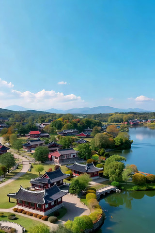古风建筑湖泊全景 古风建筑湖泊全景