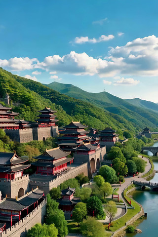 古风建筑与山水全景 古风建筑与山水全景