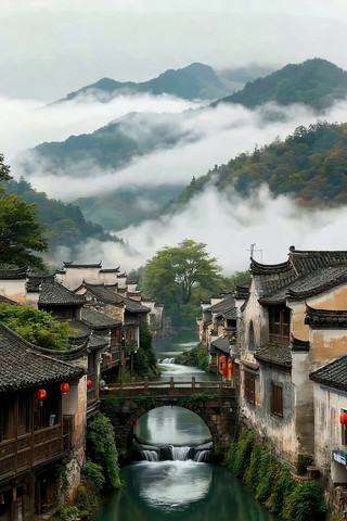 古风水乡山水云雾景观 古风水乡山水云雾景观