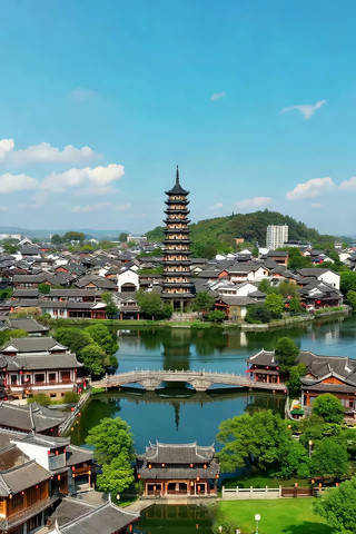 古风塔楼与水乡建筑全景 古风塔楼与水乡建筑全景