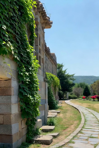 古建筑旁绿植覆盖的石墙小路 古建筑旁绿植覆盖的石墙小路