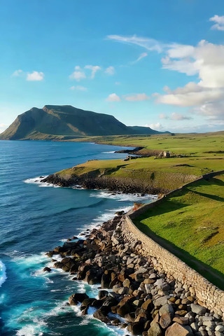 海岸边青山绿草的自然风景 海岸边青山绿草的自然风景