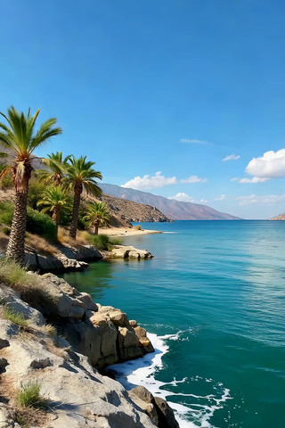 海岸边棕榈树与碧海蓝天景观 海岸边棕榈树与碧海蓝天景观