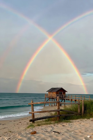海边木屋双彩虹自然景观 海边木屋双彩虹自然景观
