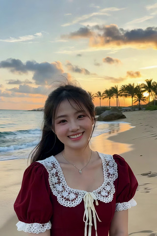 海边女孩夕阳下微笑 海边女孩夕阳下微笑
