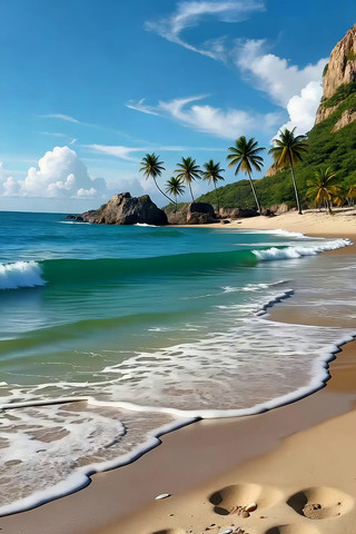 海边沙滩海浪与椰子树风景 海边沙滩海浪与椰子树风景