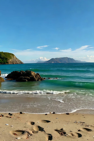 海边沙滩海浪与远山风景 海边沙滩海浪与远山风景