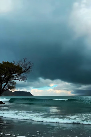 海边乌云下的海浪与孤树 海边乌云下的海浪与孤树