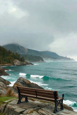 海边岩石上的长椅风景 海边岩石上的长椅风景