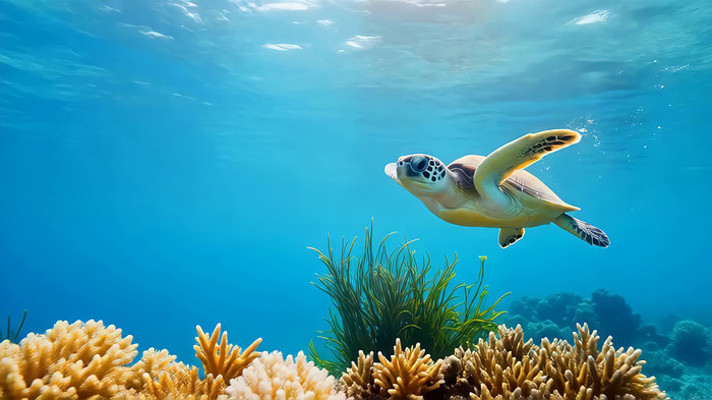 海底海龟游弋珊瑚景观 海底海龟游弋珊瑚景观