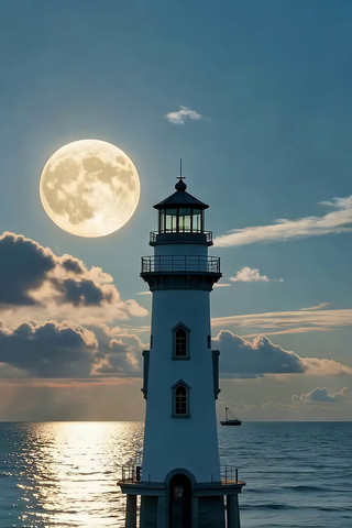 海上灯塔与满月景观 海上灯塔与满月景观