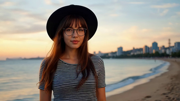 海滩上戴帽微笑的女性 海滩上戴帽微笑的女性