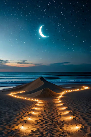 海滩月夜星空与串灯场景 海滩月夜星空与串灯场景