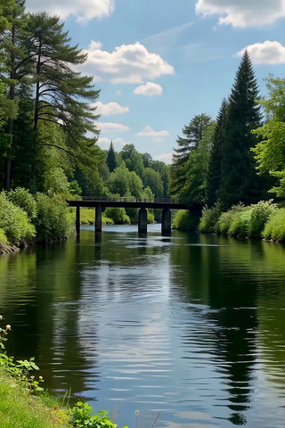 河流森林间的桥梁自然风光 河流森林间的桥梁自然风光